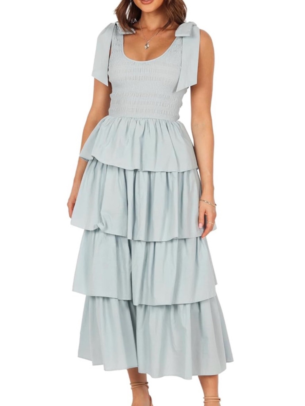 Petal & Pup Light Blue Smocked Tiered Maxi Dress with Tie Straps